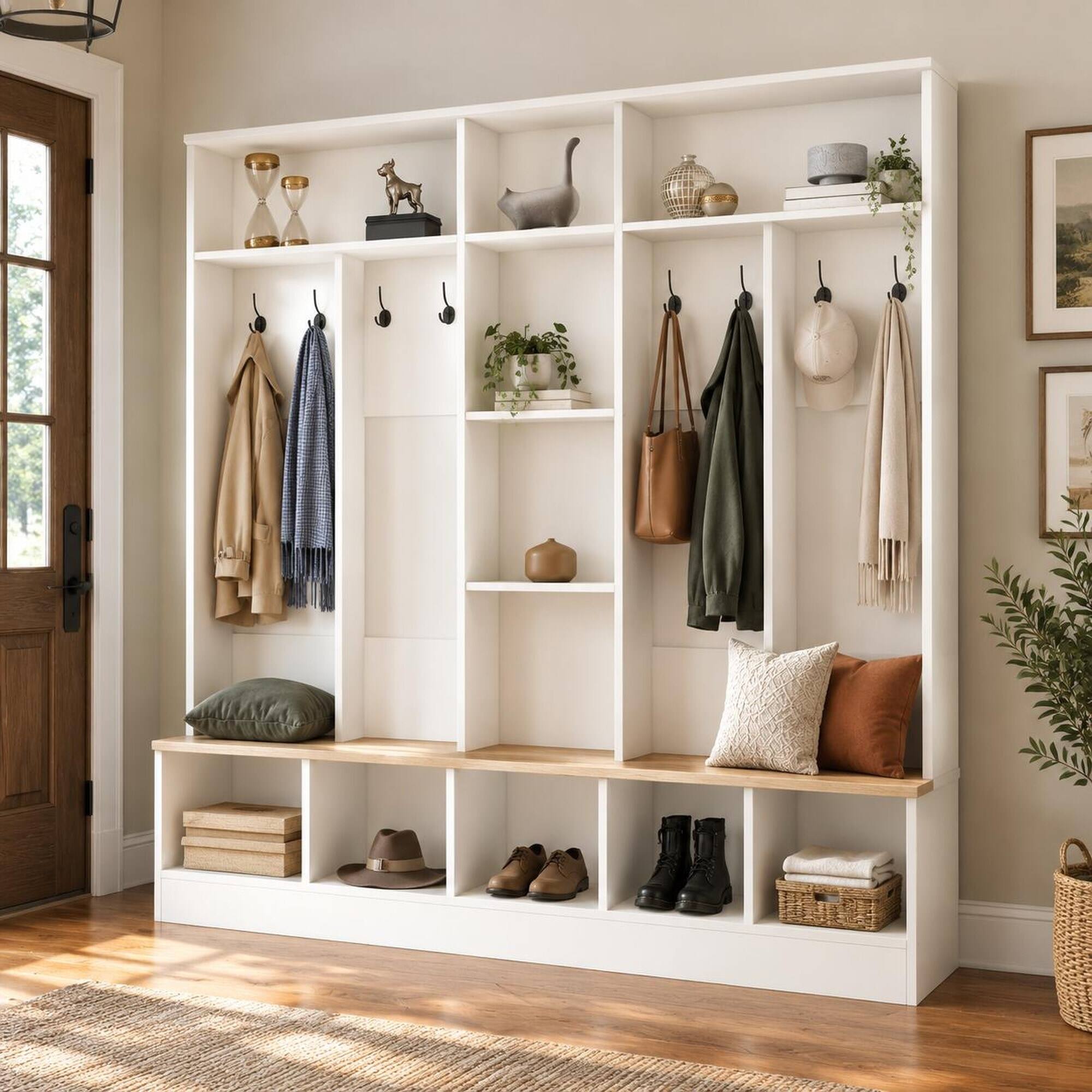 RYHNUYNE ON TREND Wide Hall Tree, Entryway Storage Bench, 5 Cube ...