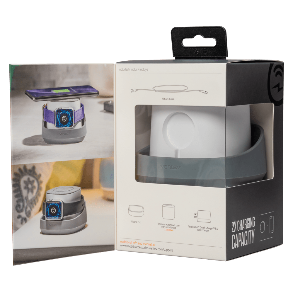 Included/inclus/incluye

Sit.A-Cable

venter

ventev

Silicone Cup Wireless watchdock duo 2X CHARGING with non-slip Qualcomm® Quick Charge™ 3.0 Wall Charger (T.SM/1000) Wall Charger

www.mobileaccessories.venter.com/support

Additional info and manual

16 CAPACITY