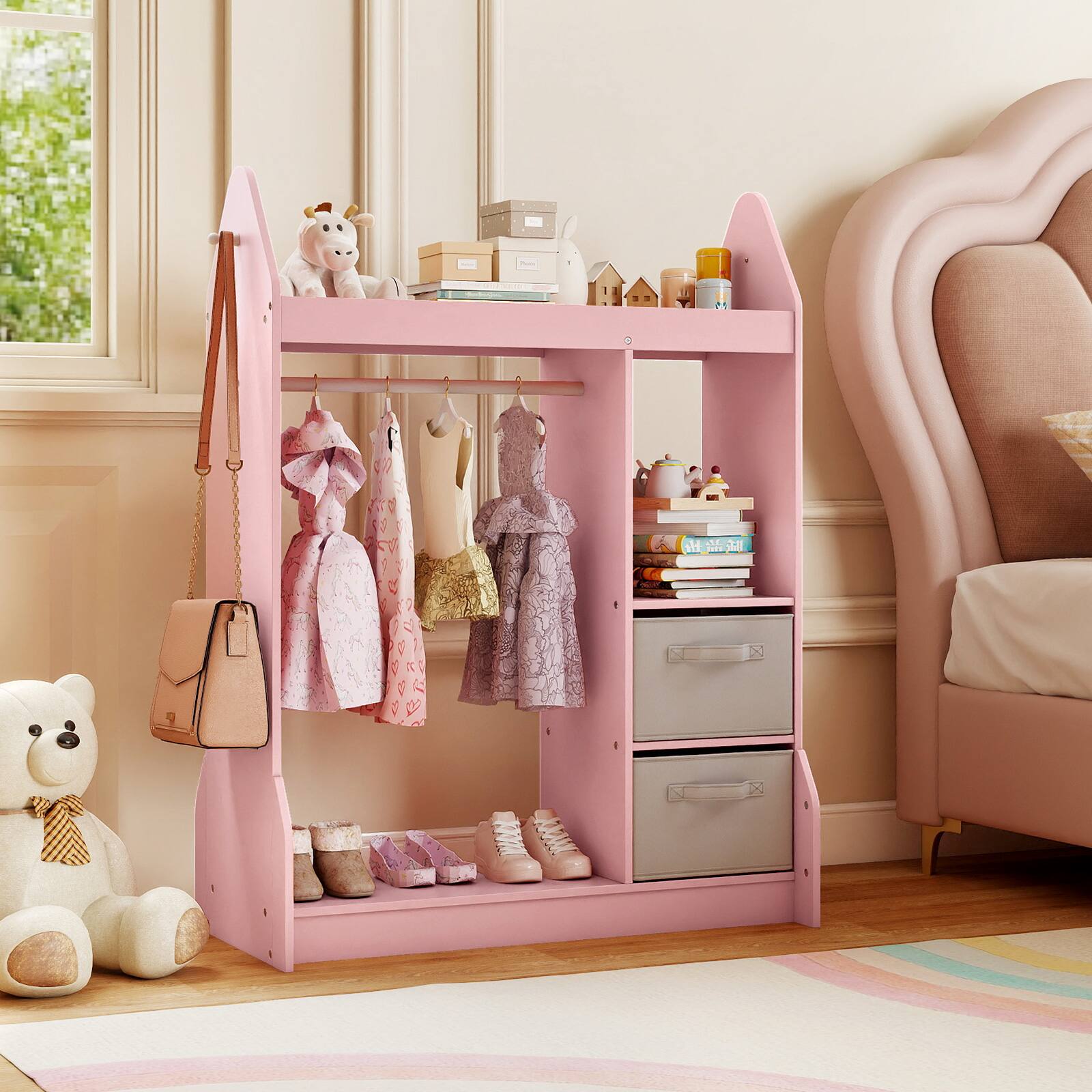 Alt View 4. Gymax - Gymax Kids Dress Up Storage w/Full-Length Mirror Shelves Hooks 2 Fabric Storage Bins - Pink.