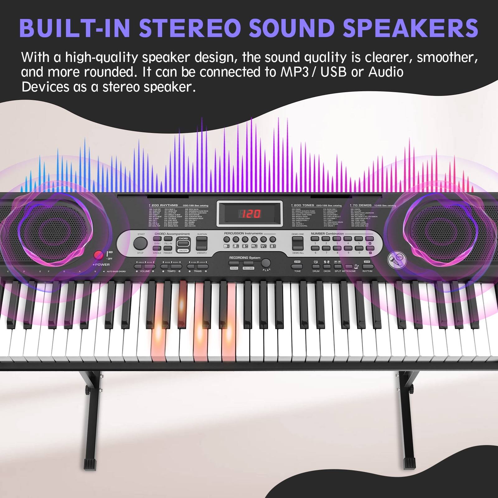 BUILT-IN STEREO SOUND SPEAKERS

With a high-quality speaker design, the sound quality is clearer, smoother, and more rounded. It can be connected to MP3 / USB or Audio Devices as a stereo speaker.