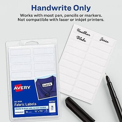 Handwrite Only  
Works with most pen, pencils or markers. Not compatible with laser or inkjet printers.  

Heather Blake Jesse  

Casey 6  
NO-IRON  
Fabric Labels  
40720  
18 labels  
Washer & dryer safe, no iron needed  
PERMANENT  
56 labels  
1" x 1¾"