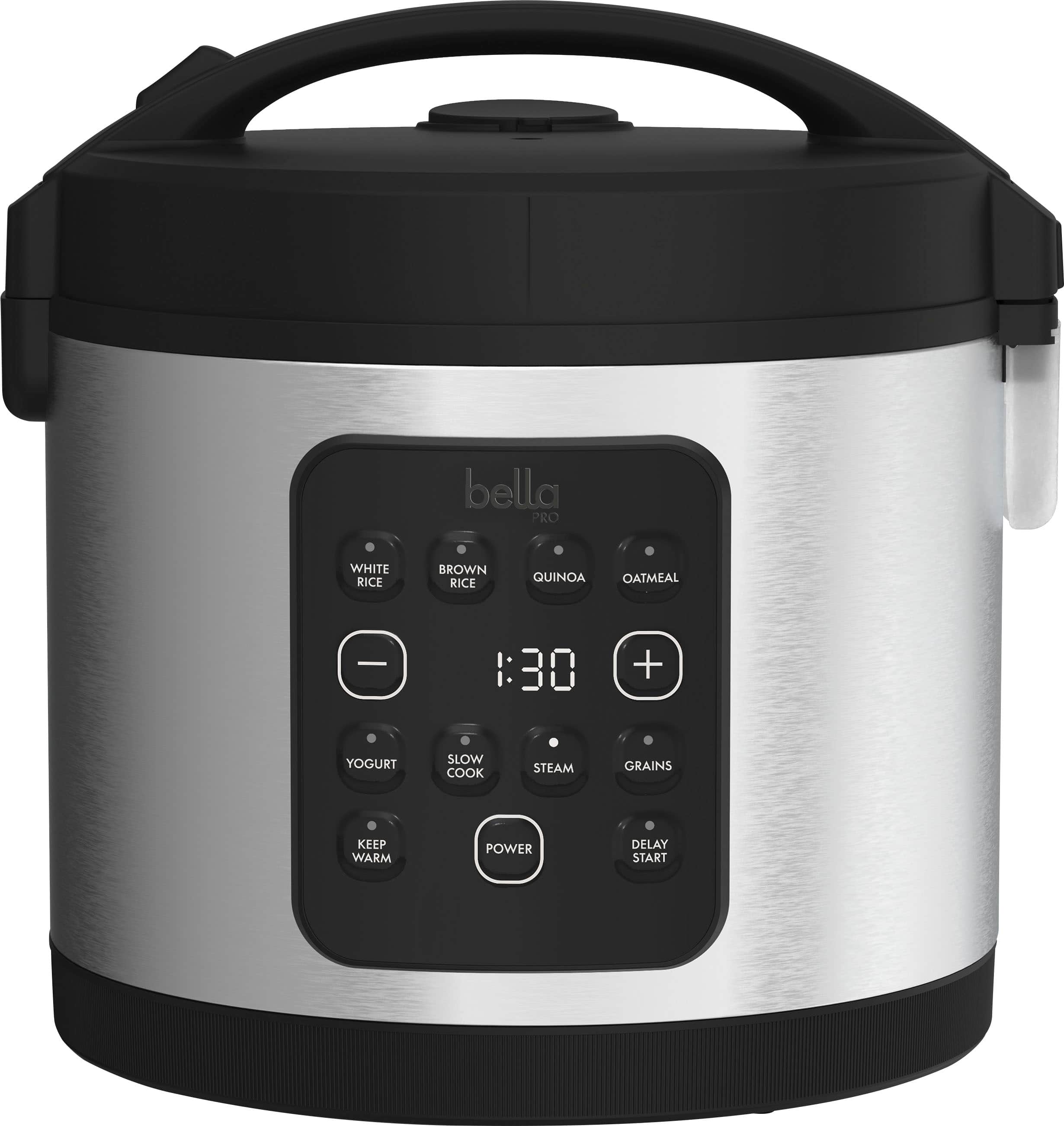 The image features a Bella Pro multi-functional cooker, which has a digital display with various settings. The cooker can be used for white rice, brown rice, quinoa, oatmeal, and yogurt. It also has a slow cook, steam, and keep warm function. The cooker has a power delay start feature, allowing users to set the cooking time in advance. The image showcases the front of the cooker, highlighting its digital display and the different settings available.