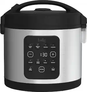The image features a Bella Pro multi-functional cooker, which has a digital display with various settings. The cooker can be used for white rice, brown rice, quinoa, oatmeal, and yogurt. It also has a slow cook, steam, and keep warm function. The cooker has a power delay start feature, allowing users to set the cooking time in advance. The image showcases the front of the cooker, highlighting its digital display and the different settings available.