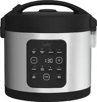 The image features a Bella Pro multi-functional cooker, which has a digital display with various settings. The cooker can be used for white rice, brown rice, quinoa, oatmeal, and yogurt. It also has a slow cook, steam, and keep warm function. The cooker has a power delay start feature, allowing users to set the cooking time in advance. The image showcases the front of the cooker, highlighting its digital display and the different settings available.
