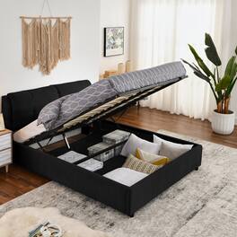 Anysun - Queen Size Storage Upholstered Hydraulic Platform Bed with Integrated Headboard, Chenille Fabric - Black