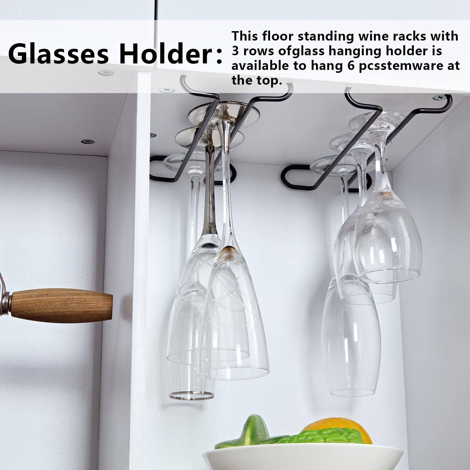Glasses Holder: 3 rows of glass hanging holder is available to hang 6 pcs stemware at the top.

This floor standing wine racks with 3 rows of glass hanging holder is available to hang 6 pcs stemware at the top.