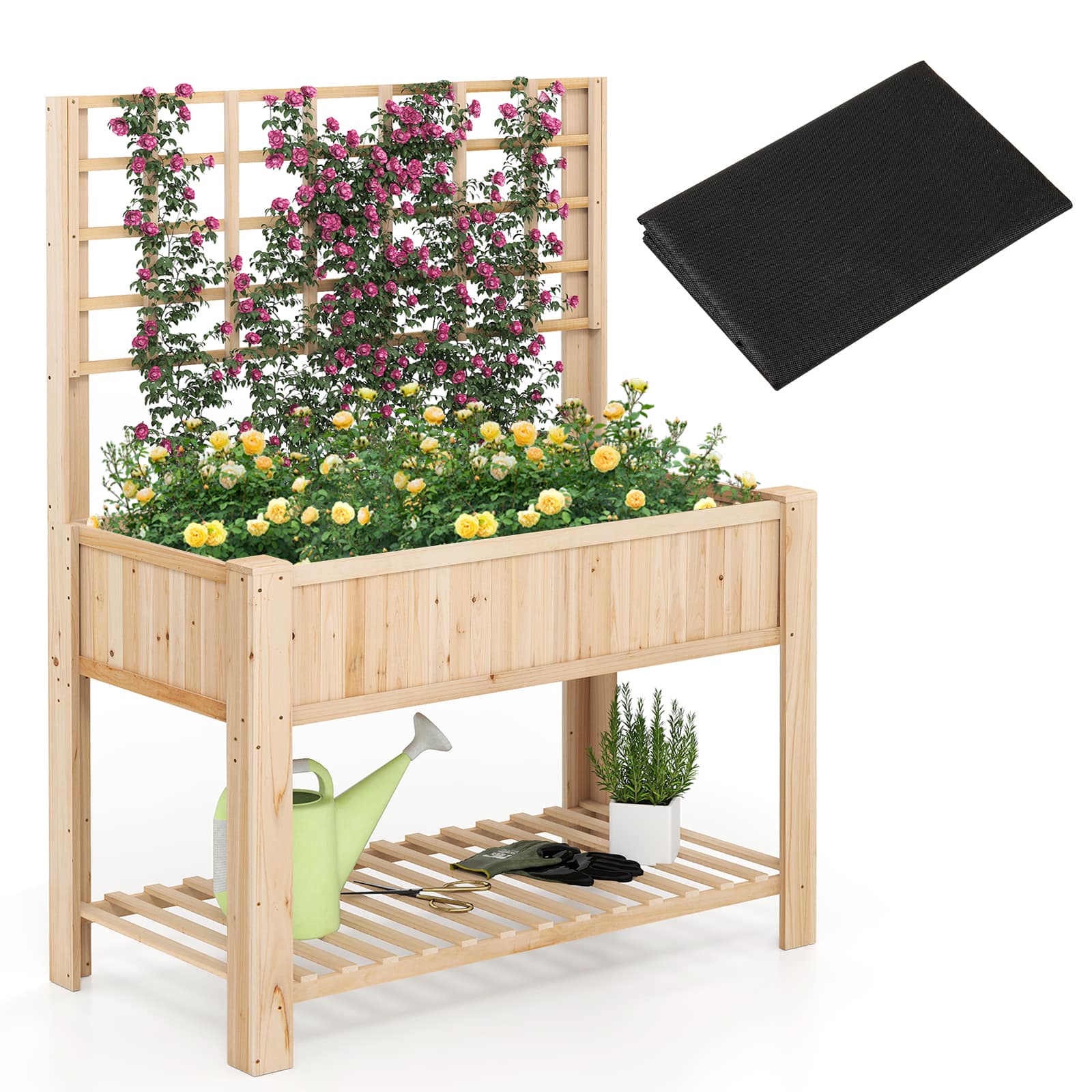 Gymax - Raised Garden Bed w/ Trellis Wooden Elevated Planter Box w/ Legs & Liner Natural - Brown price history on PriceWatchPro