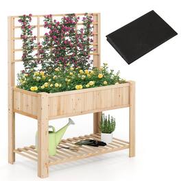 Gymax - Raised Garden Bed w/ Trellis Wooden Elevated Planter Box w/ Legs & Liner Natural - Brown