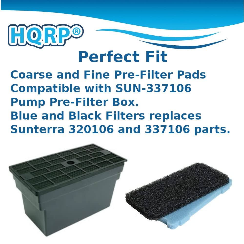 HQRP® Perfect Fit  
Coarse and Fine Pre-Filter Pads  
Compatible with SUN-337106 Pump Pre-Filter Box.  
Blue and Black Filters replaces Sunterra 320106 and 337106 parts.