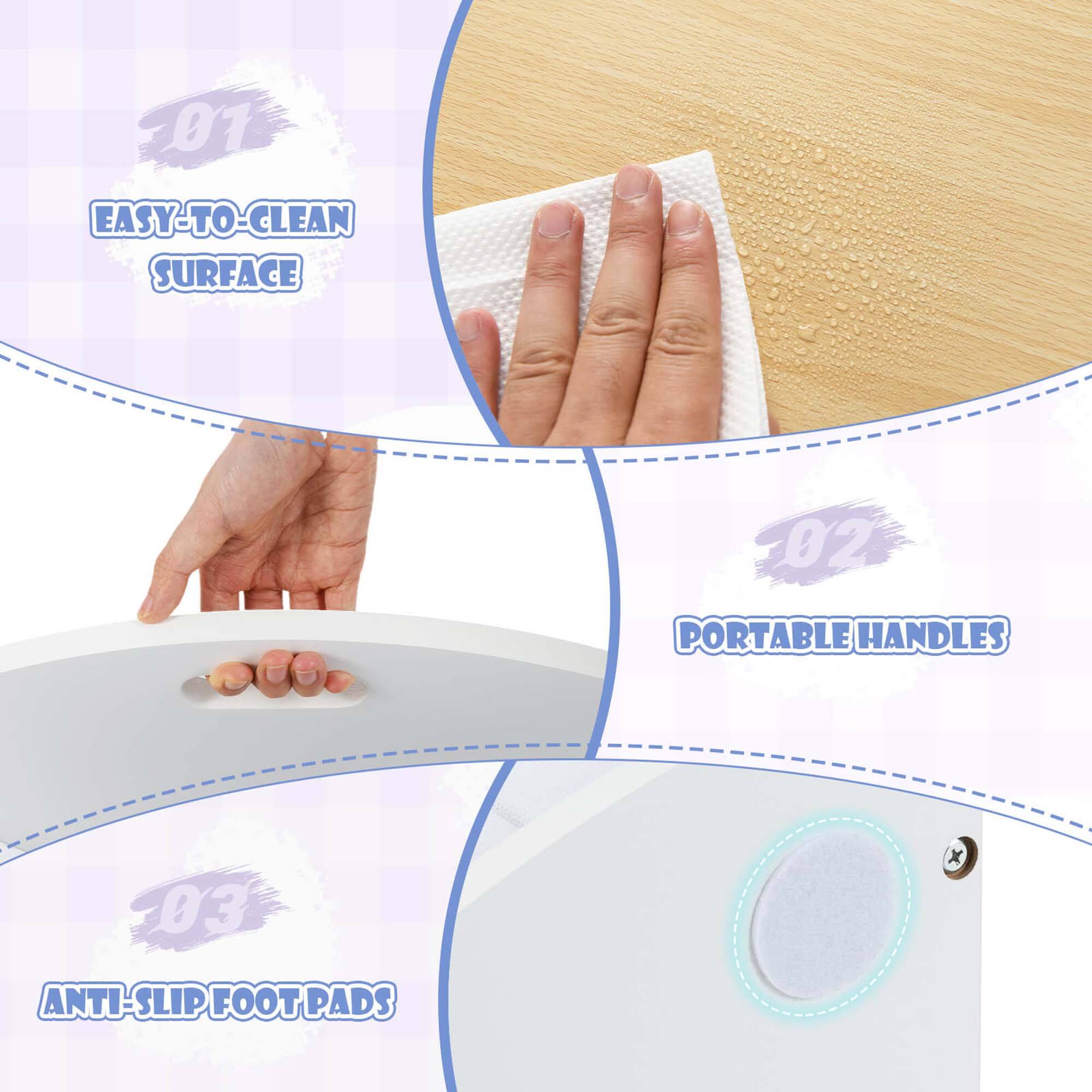 01 EASY-TO-CLEAN SURFACE  
02 PORTABLE HANDLES  
03 ANTI-SLIP FOOTPADS