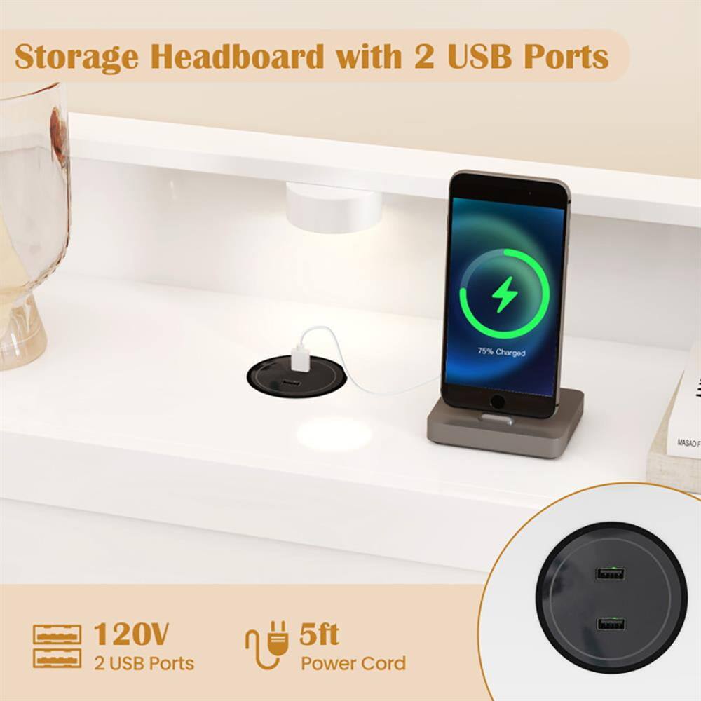 Storage Headboard with 2 USB Ports  
75% Charged  
120V  
2 USB Ports  
5ft Power Cord