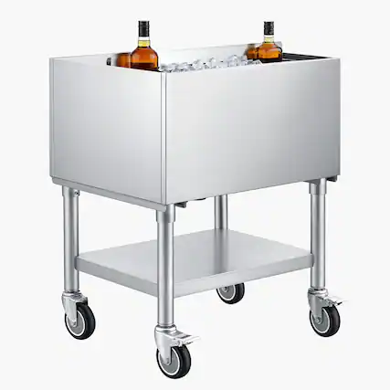 Front. VEVOR - Commercial Ice Bin, 65.1 Qt Max Capacity, 24 x 19 x 35 Inch Stainless Steel Ice Chest with Sliding Lid and Bottle - Silver.