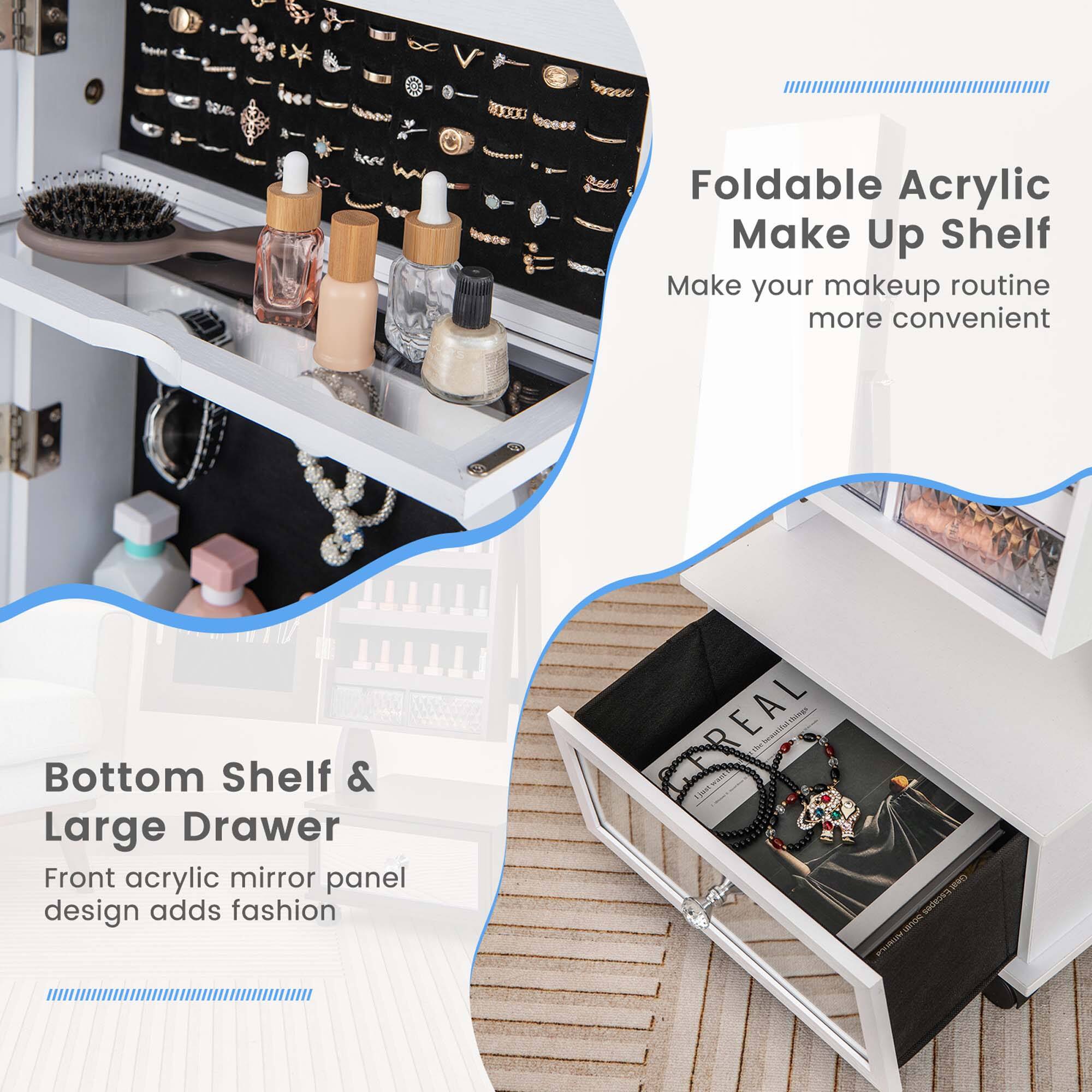 Foldable Acrylic Makeup Shelf: Make your makeup routine more convenient. Bottom Shelf & Large Drawer: Front acrylic mirror panel design adds fashion. REAL sense.