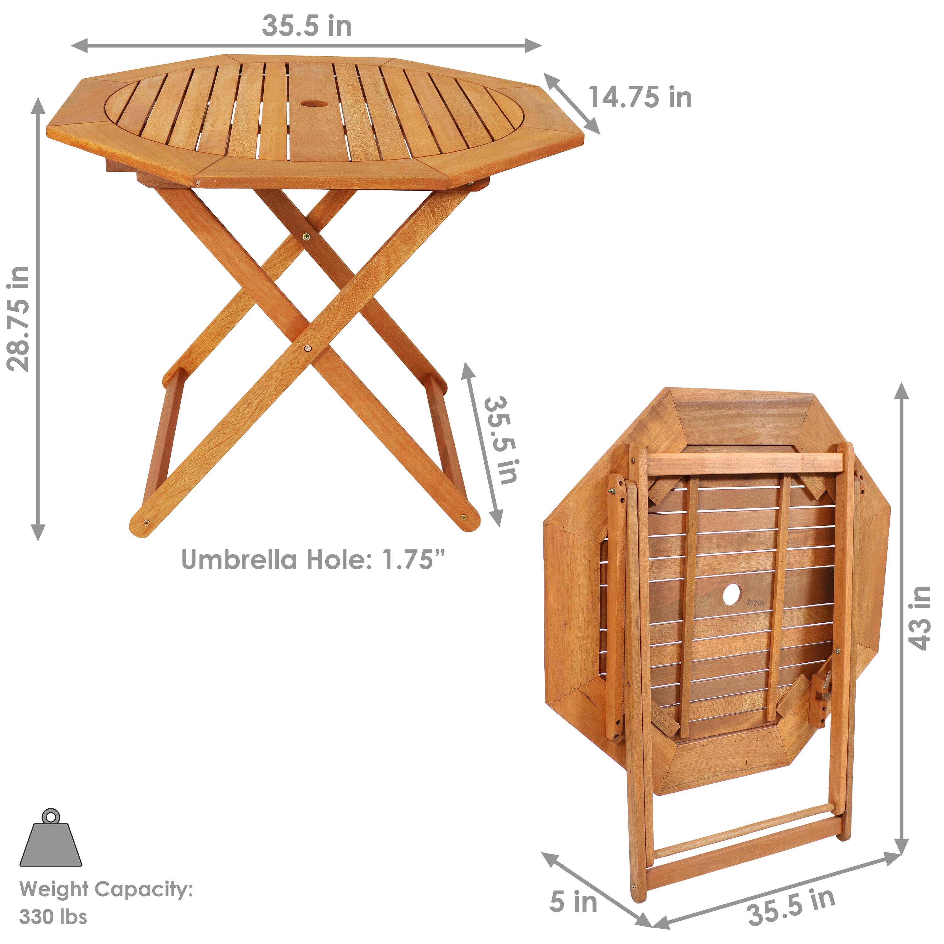 - Table Dimensions:
  - Length: 35.5 in
  - Width: 14.75 in
  - Height: 28.75 in

- Umbrella Hole: 1.75"

- Weight Capacity: 330 lbs

- Side Table Dimensions:
  - Height: 43 in
  - Width: 35.5 in
  - Depth: 5 in