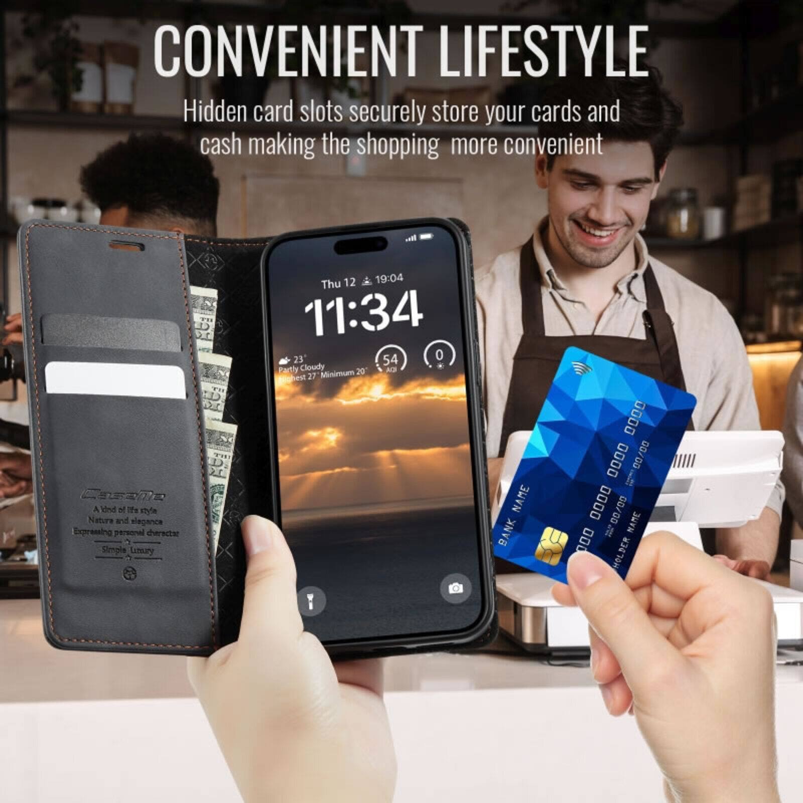 CONVENIENT LIFESTYLE  
Hidden card slots securely store your cards and cash making the shopping more convenient

A kind of life style  
Nature and elegance  
Expressing personal character  
Simple Luxury

NAME BANK  
0000 0000 00/00 0000 00/00  
NAME  
HOLDER