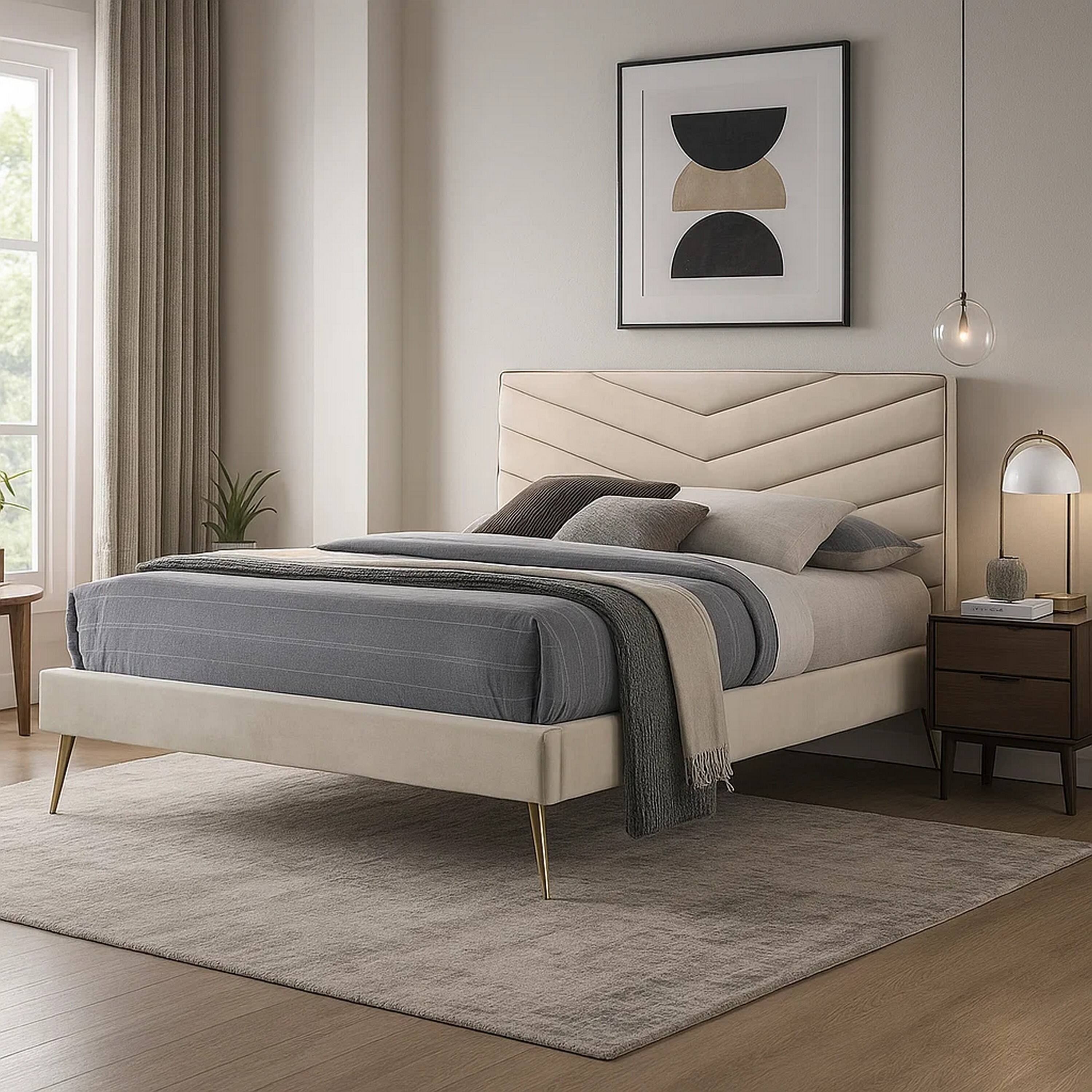 Alt View 5. Manhattan Lane - Vevy Queen Size Bed, Chevron Tufted Beige Flannelette Upholstery - Beige, Gold.