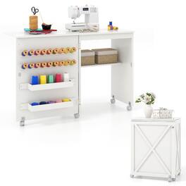 Gymax - Folding Sewing Table w/ Compact Design Storage Shelf 2 Trays & 18 Pegs - White