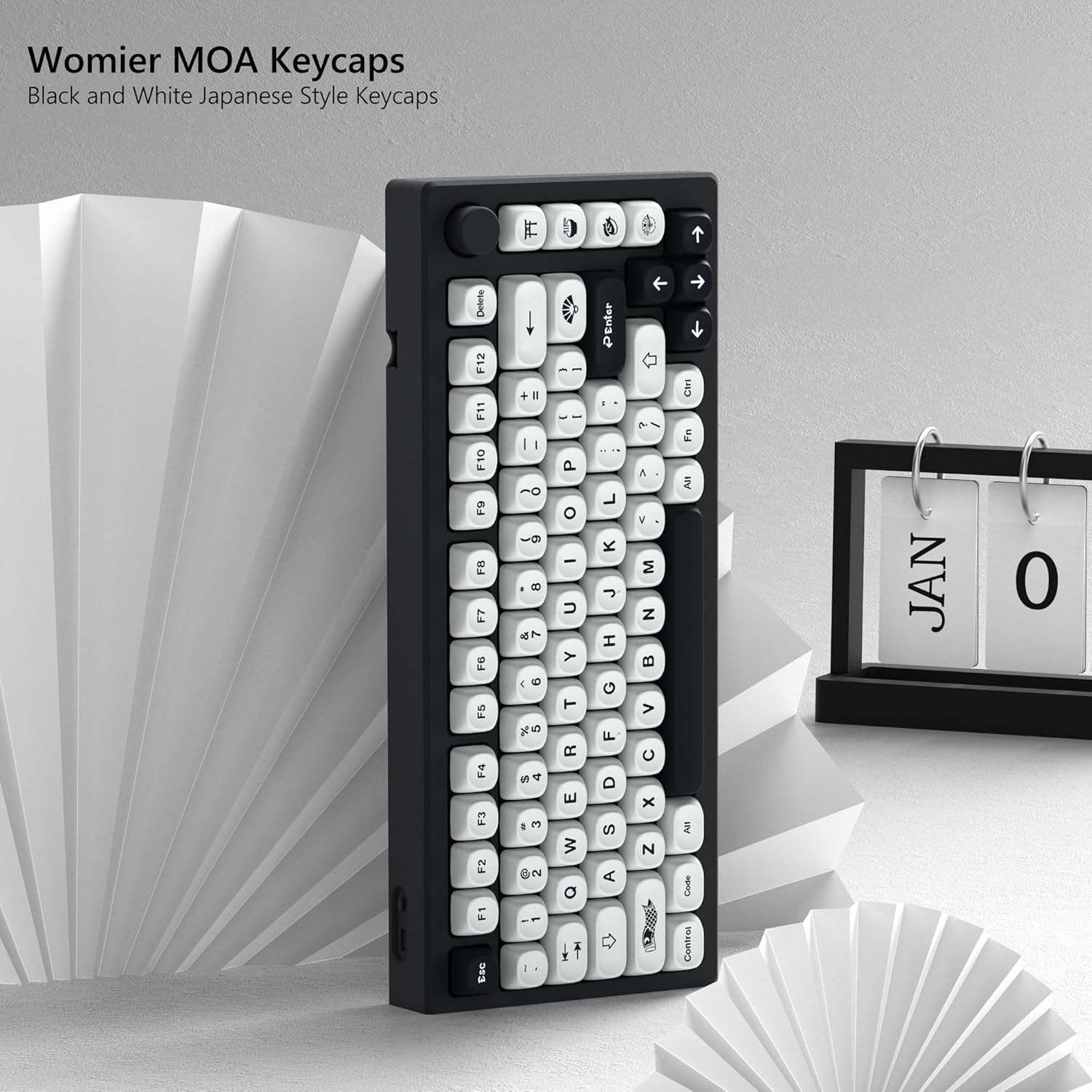 Womier MOA Keycaps  
Black and White Japanese Style Keycaps  

F12 F11 F10 F9 F8 F7 F6 F5 F4 F3 F2 F1 Esc + | ! " # $ % & ' ( ) * - _ = + 1 2 3 4 5 6 7 8 9 0 - -  O I U Y T R E W Q Enter g - -  K J H G F D S A P a V M z  > C x N  CMI Fn An I - Control JAN 0