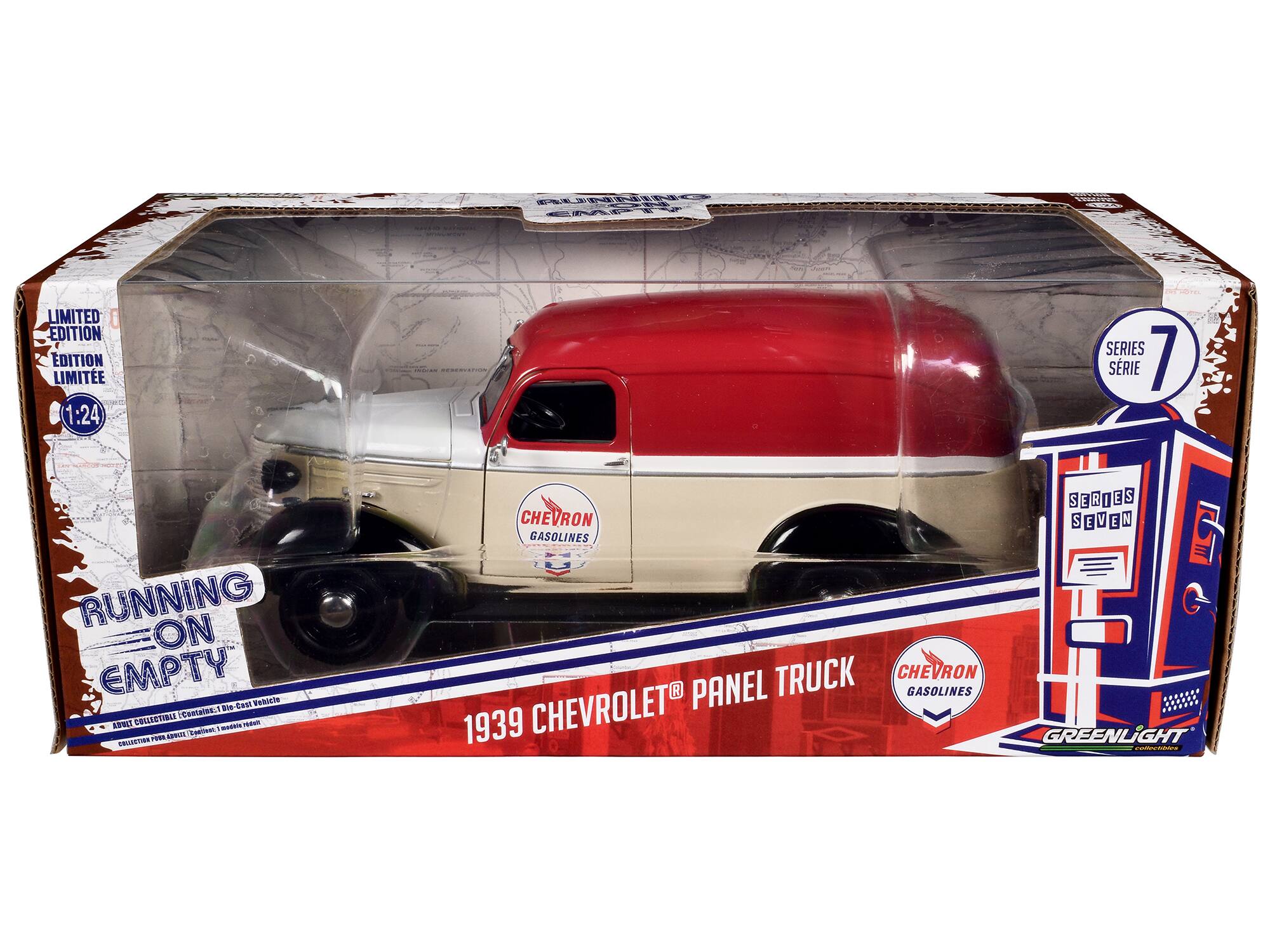 Sure, here is the corrected and grouped text from the image:

---

**LIMITED EDITION**  
**EDITION LIMITÉE**  
**1:24**

**RUNNING ON EMPTY**

**SERIES 7**  
**SERIE 7**

**1939 CHEVROLET PANEL TRUCK**

**CHEVRON GASOLINES**

**GREENLIGHT collectibles**

**ABOUT COLLECTIBLE | Contient le Die-Cast Véhicule**  
**COLLECTIBLE PARA COLECTAR | Contiene el Die-Cast Vehículo**

**SERIES SEVEN**

---

This text is organized to reflect the information on the packaging of the model truck.