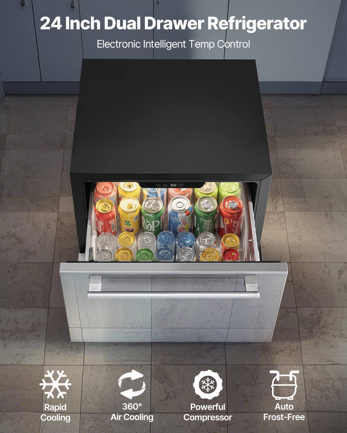 24 Inch Dual Drawer Refrigerator  
Electronic Intelligent Temp Control  

- Rapid Cooling  
- 360° Air Cooling  
- Powerful Compressor  
- Auto Frost-Free