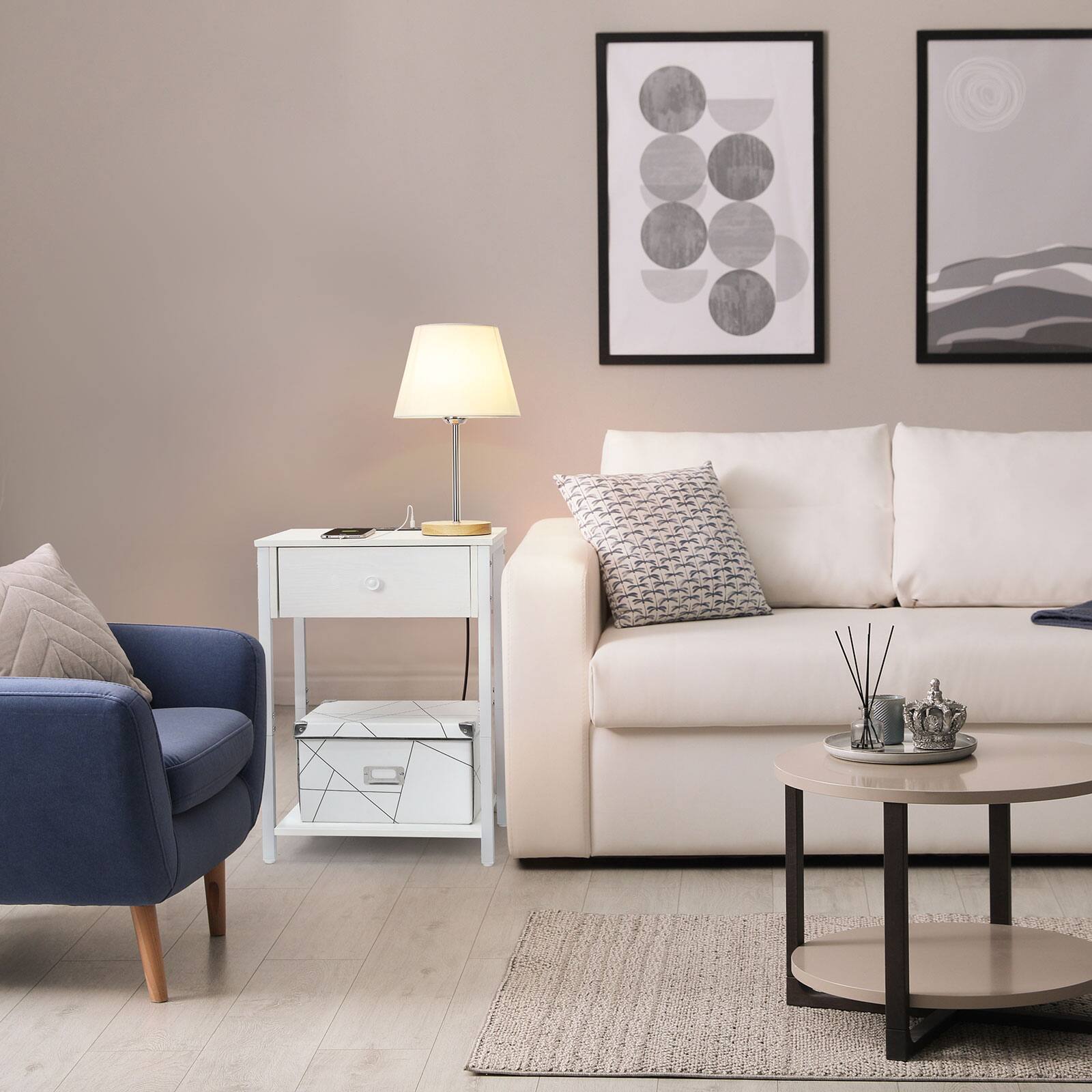 Alt View 2. Oumilen - White Wood Nightstand with Charging Station, Modern End Table with Drawer & Open Shelf - White.