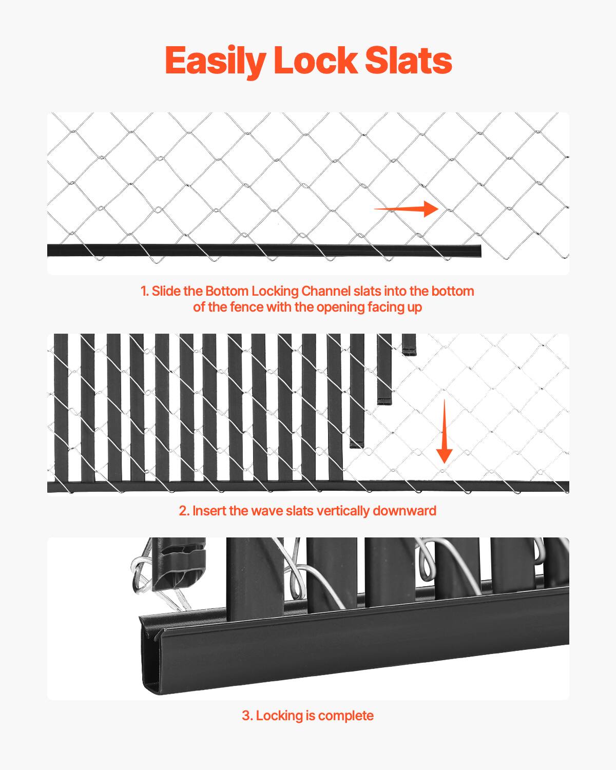 Easily Lock Slats

1. Slide the Bottom Locking Channel slats into the bottom of the fence with the opening facing up
2. Insert the wave slats vertically downward
3. Locking is complete