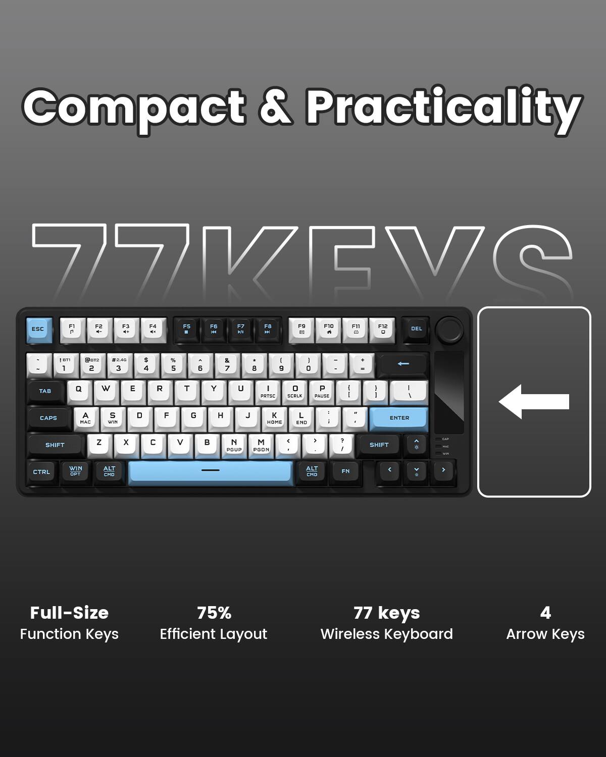Compact & Practicality

77KEYS

Full-Size Function Keys
75% Efficient Layout
77 keys Wireless Keyboard
4 Arrow Keys