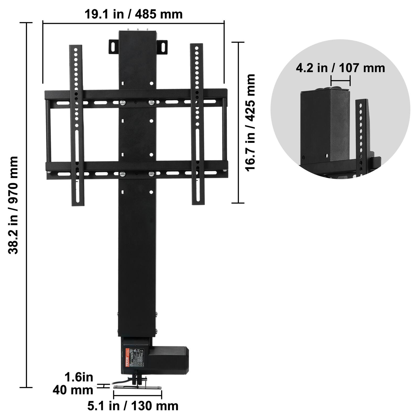 19.1 in / 485 mm  
38.2 in / 970 mm  
16.7 in / 425 mm  
4.2 in / 107 mm  
1.6 in / 40 mm  
5.1 in / 130 mm