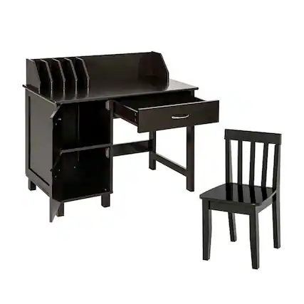 Front. Pefilos - Kids Wooden Writing Furniture Set with Drawer and Storage Cabinet-Dark Brown, Toddler Table and Chair Set for Arts & Cra - Brown.