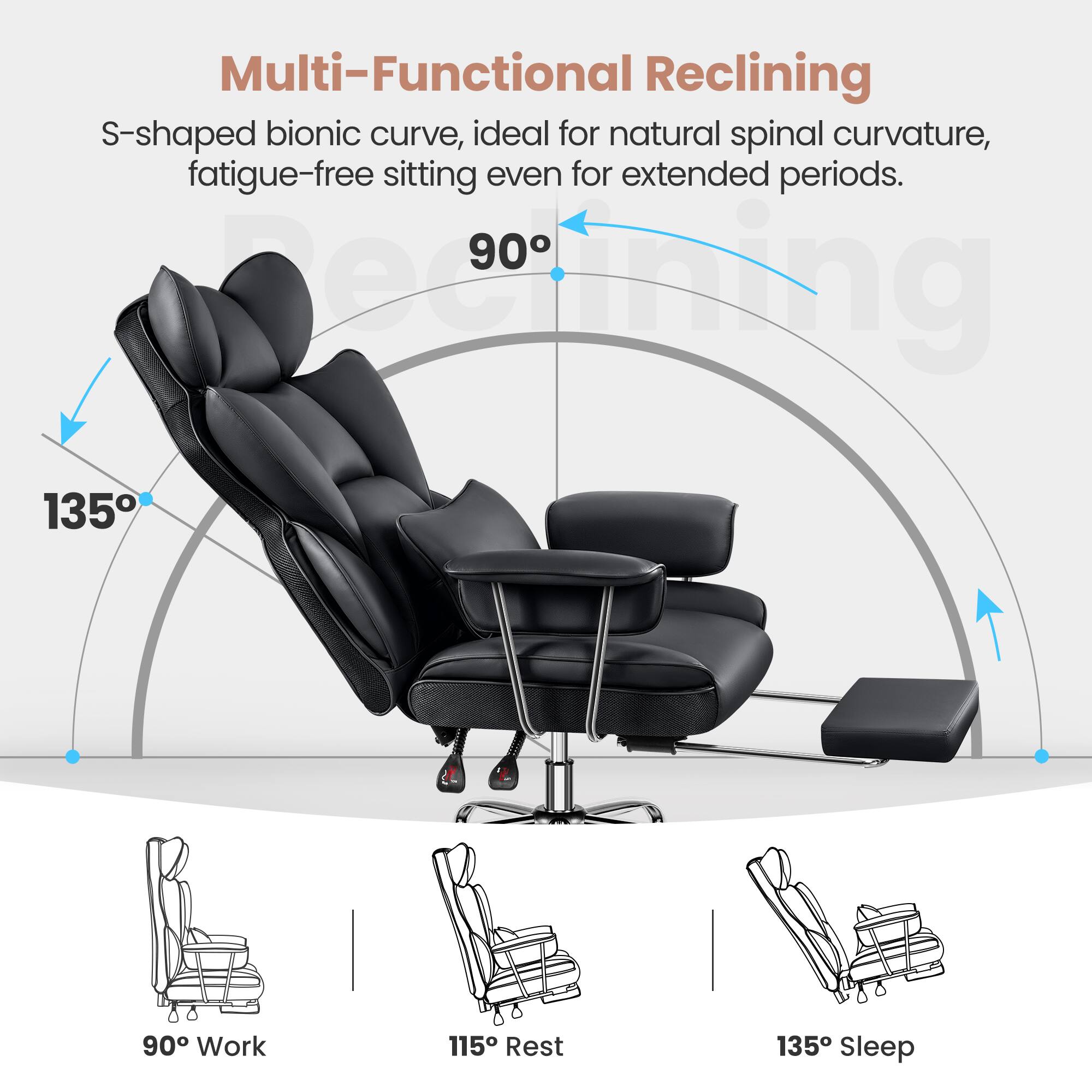 Multi-Functional Reclining
S-shaped bionic curve, ideal for natural spinal curvature, fatigue-free sitting even for extended periods.
90° Work
115° Rest
135° Sleep