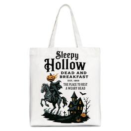 OrnamentallyYou - Headless Horseman Sleepy Hollow Halloween Canvas Tote Bag, Dead and Breakfast Retro Gift - White