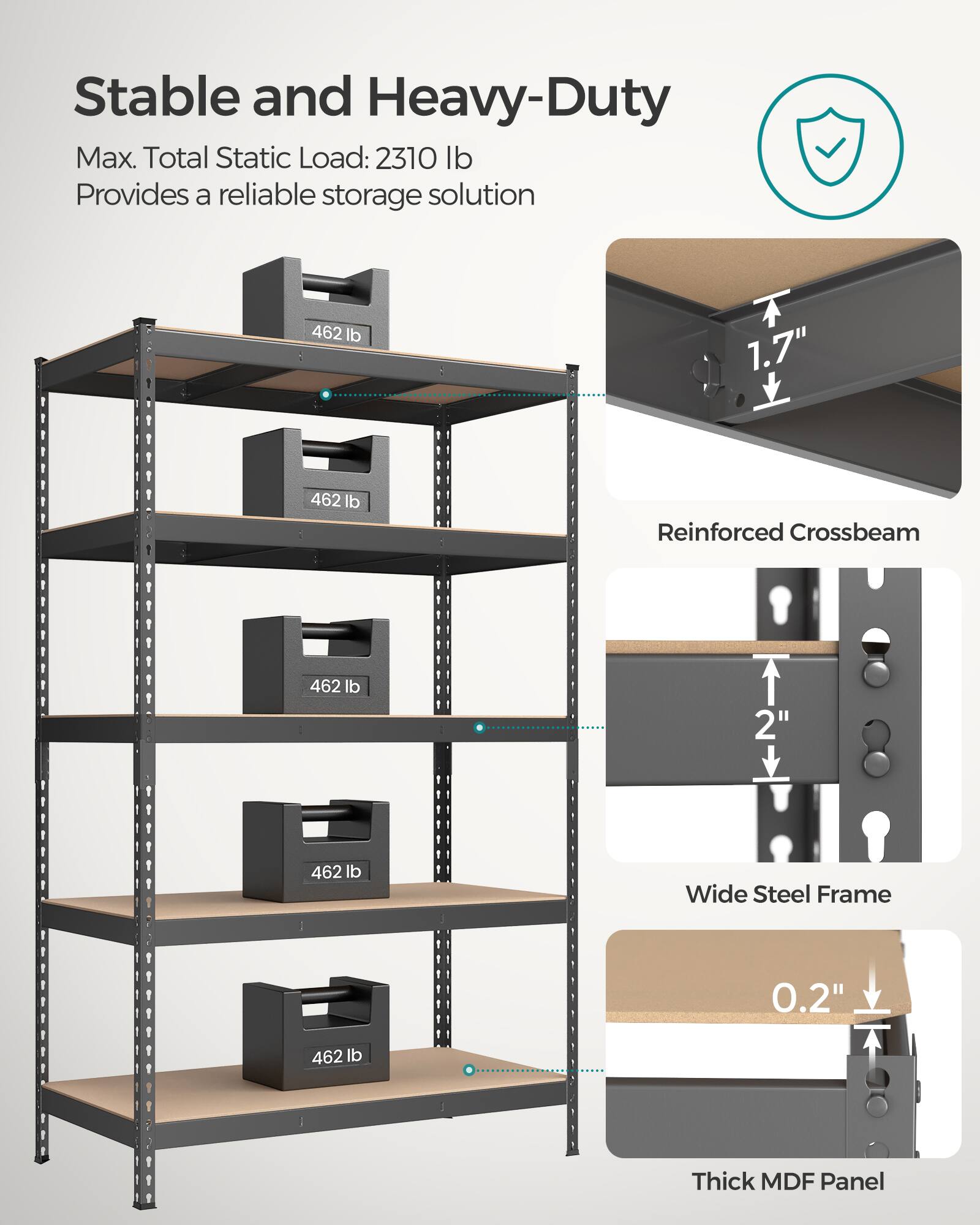 Stable and Heavy-Duty  
Max. Total Static Load: 2310 lb  
Provides a reliable storage solution  

- Reinforced Crossbeam: 1.7"  
- Wide Steel Frame: 2"  
- Thick MDF Panel: 0.2"  

462 lb (on each shelf)