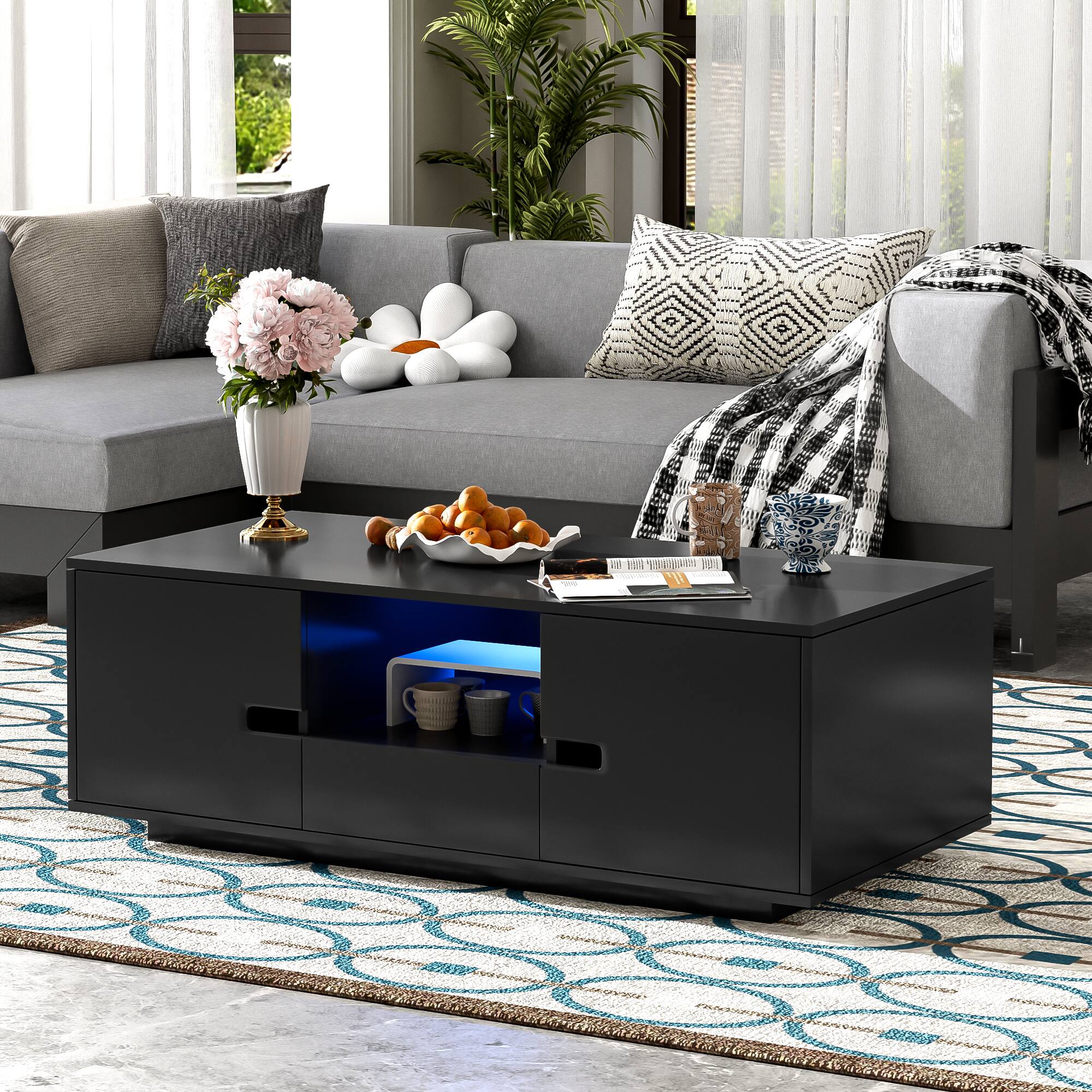Angle. Bestier - Modern High Glossy Rectangle Coffee Table with Storage Space, Accent Furniture with 16 Color LED Lights for Living Room - Black.