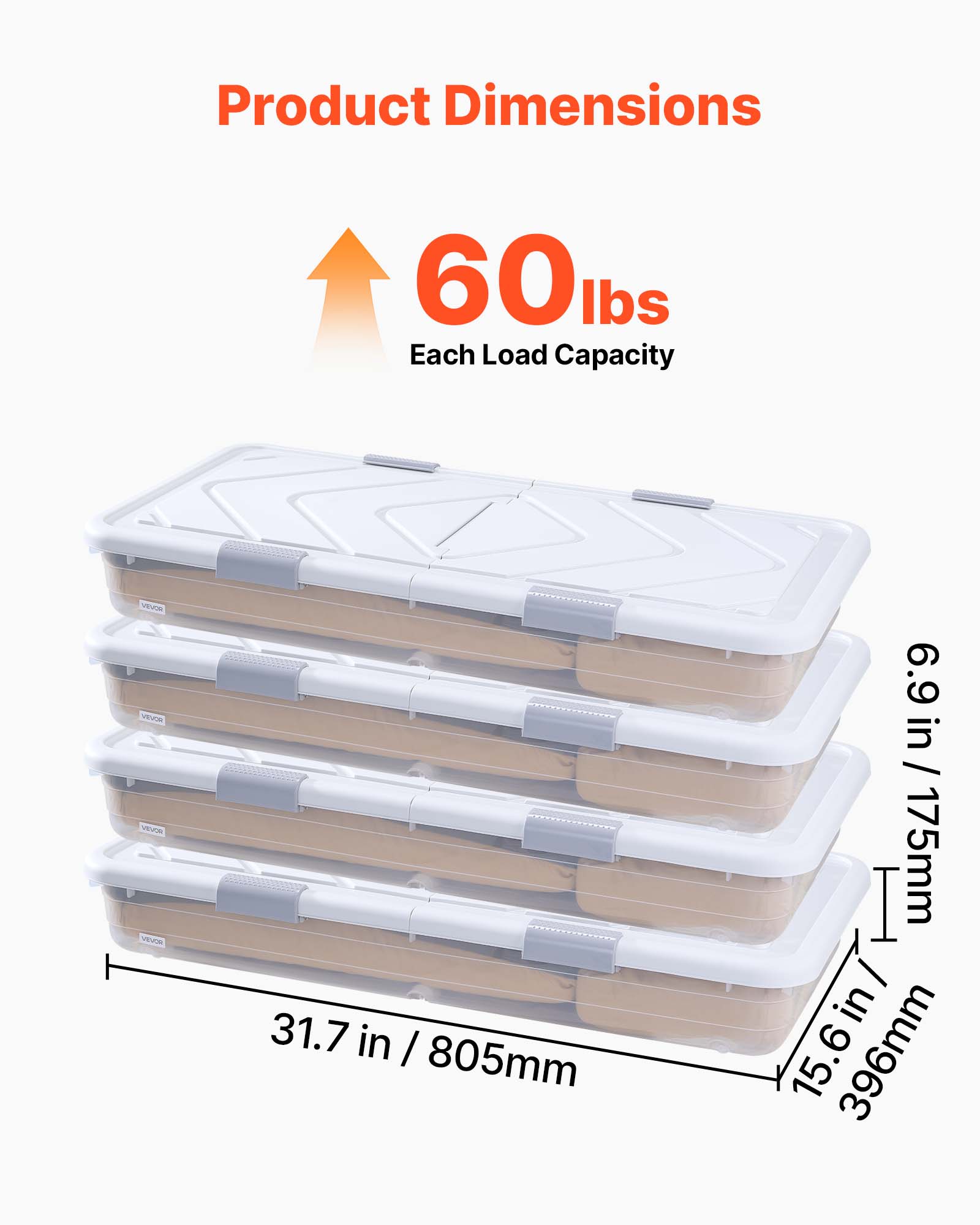 Product Dimensions  
60 lbs Each Load Capacity  
31.7 in / 805mm  
6.9 in / 175mm  
15.6 in / 396mm