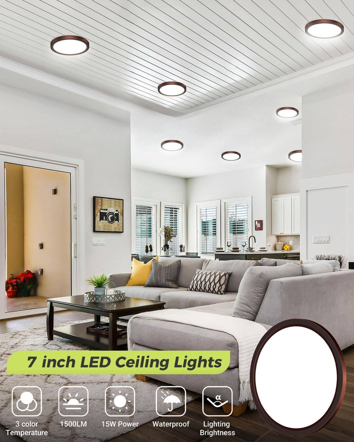 7 inch LED Ceiling Lights

- 3 color Temperature
- 1500LM
- 15W Power
- Waterproof
- Lighting Brightness