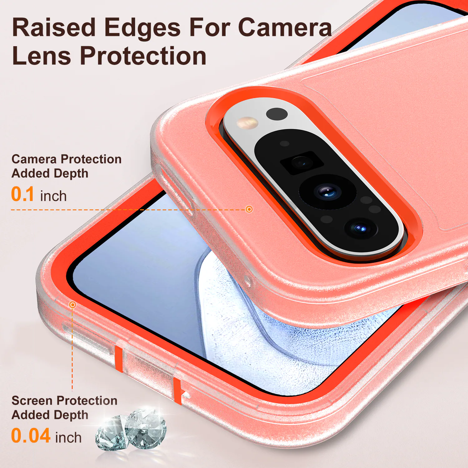 Raised Edges For Camera Lens Protection

Camera Protection Added Depth 0.1 inch

Screen Protection Added Depth 0.04 inch