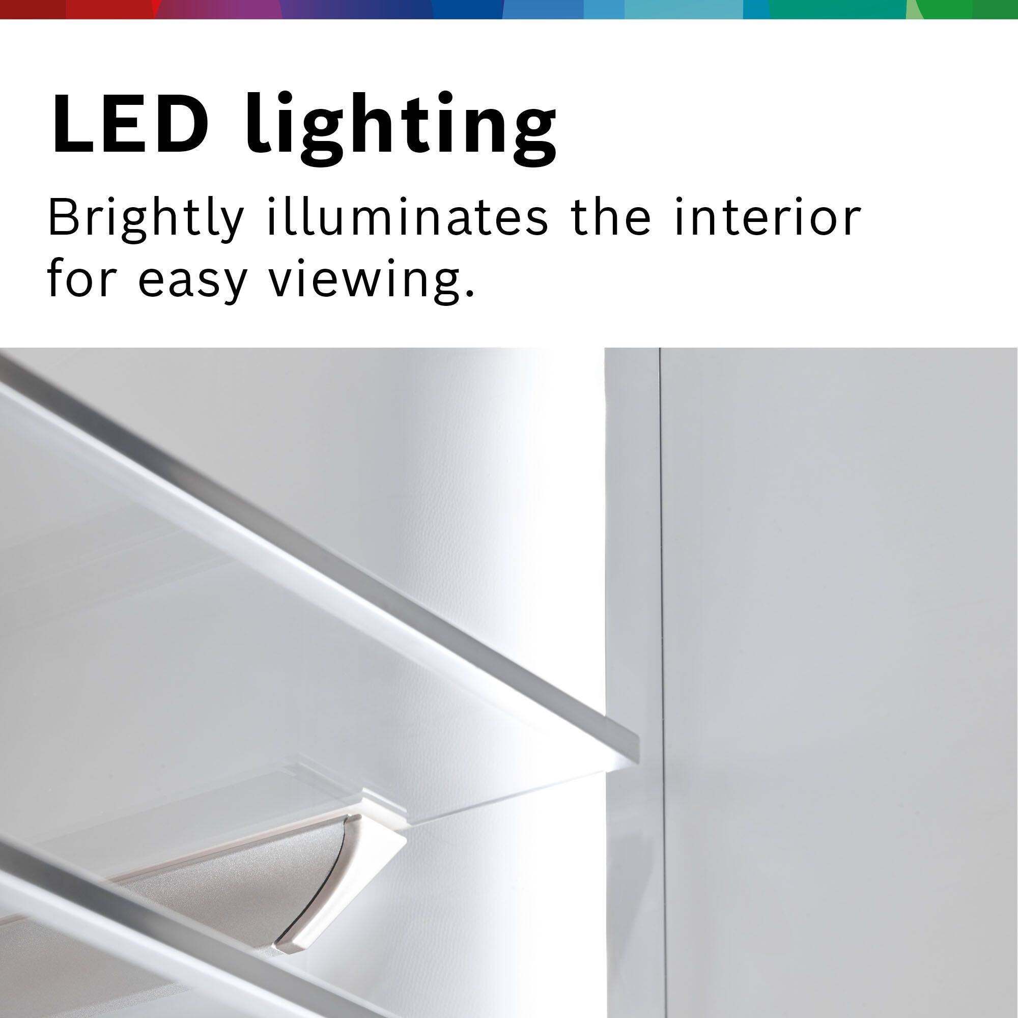 LED lighting brightly illuminates the interior for easy viewing.