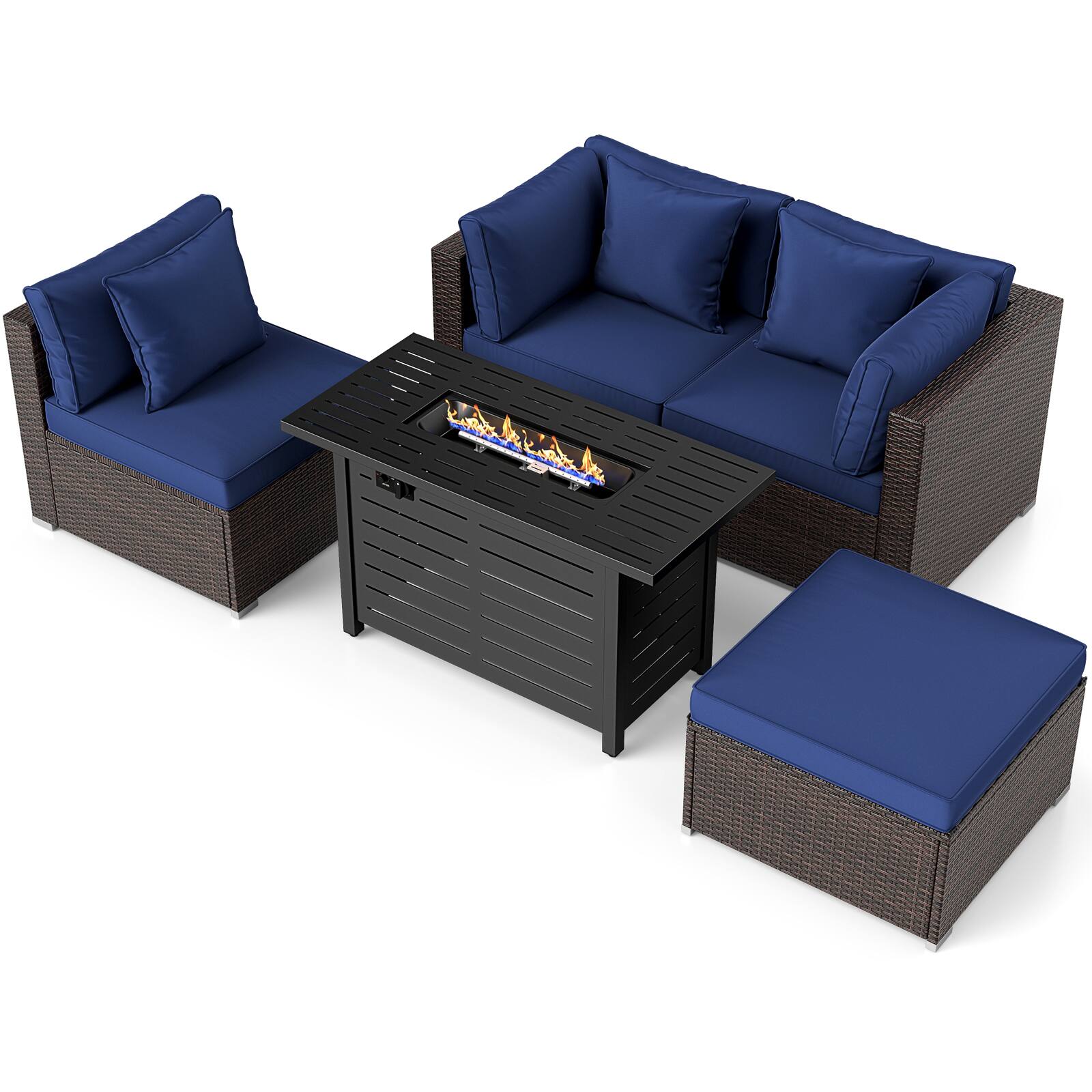 Alt View 6. Gymax - Gymax Set of 5 Patio Furniture Set Heavy-duty Frame Rattan Sofa Set w/ 60000 BTU Firepit Table Navy - Navy.