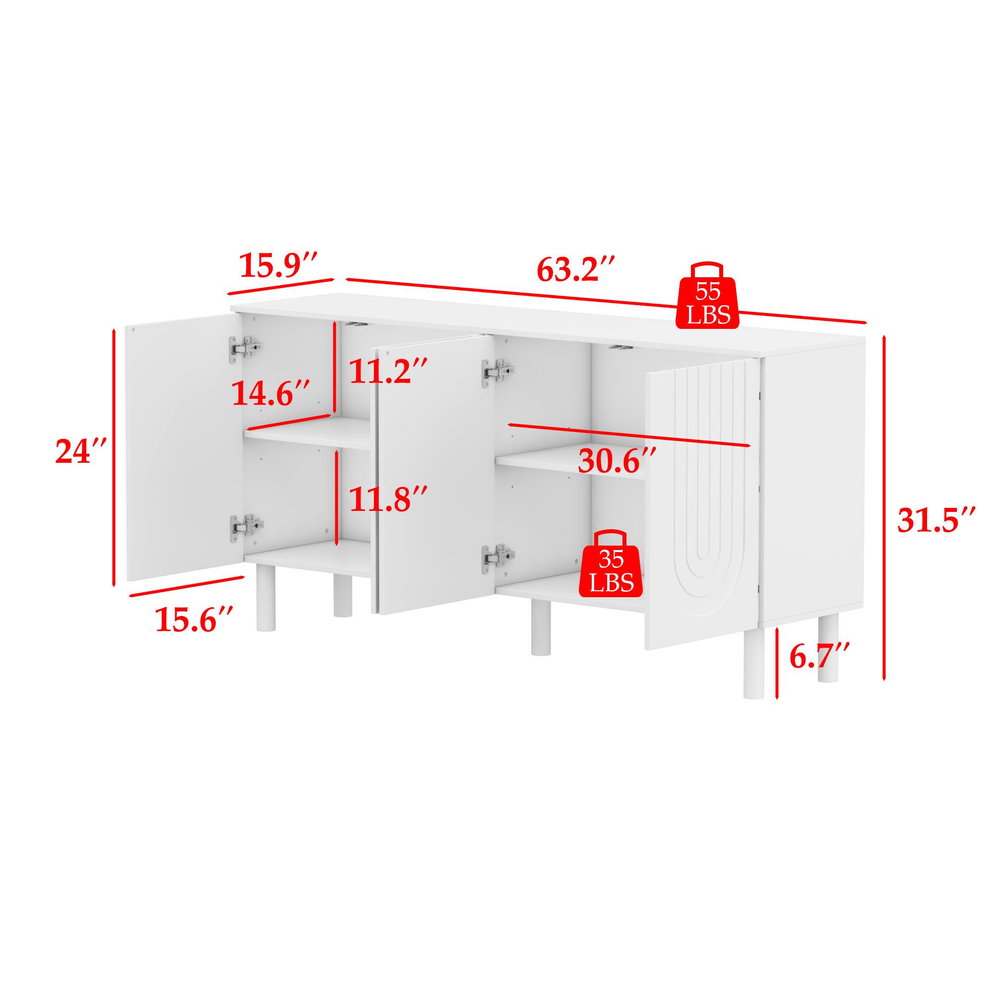 15.9", 63.2", 55 LBS, 11.2", 14.6", 24", 15.6", 11.8", 30.6", 35 LBS, 6.7", 31.5"