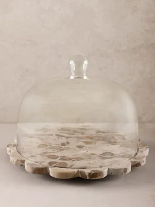 Front. GAURI KOHLI - Viola Serving Board with Cloche - Shades of brown and beige.
