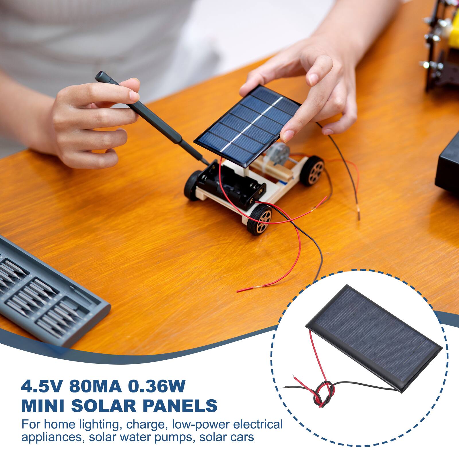 4.5V 80MA 0.36W MINI SOLAR PANELS

For home lighting, charge, low-power electrical appliances, solar water pumps, solar cars
