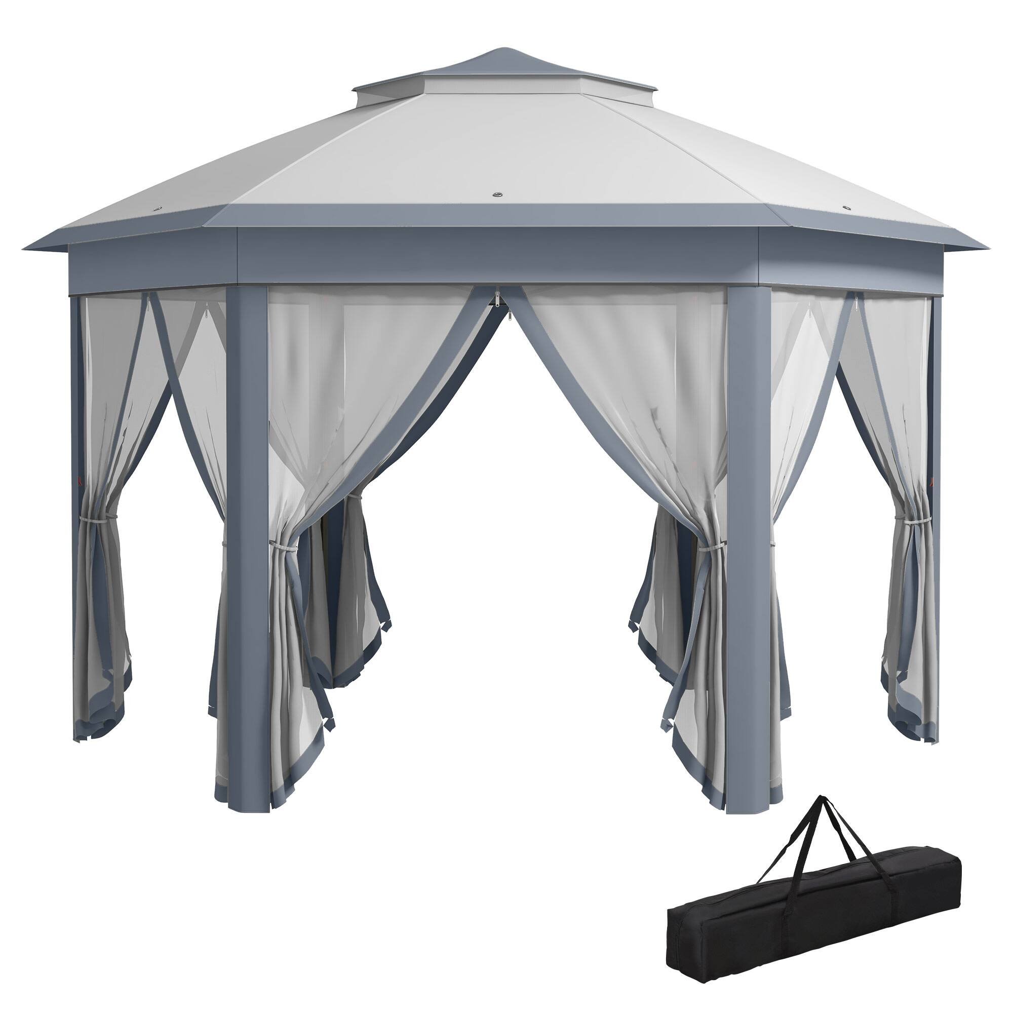 Front. Outsunny - Outsunny 13' x 13' Pop Up Gazebo, Hexagonal Canopy Shelter with 6 Zippered Mesh Netting - Gray.