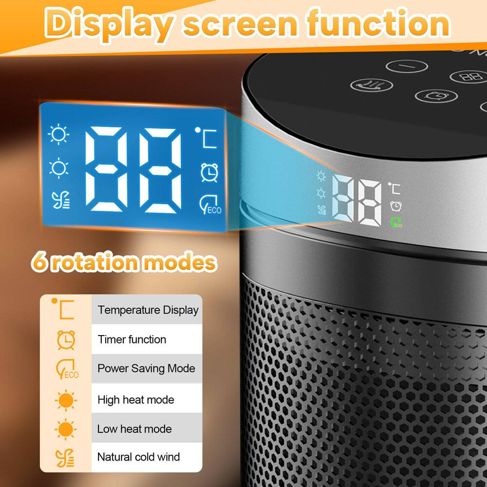 Display screen function - 6 rotation modes

- Temperature Display
- Timer function
- ECO Power Saving Mode
- High heat mode
- Low heat mode
- Natural cold wind
