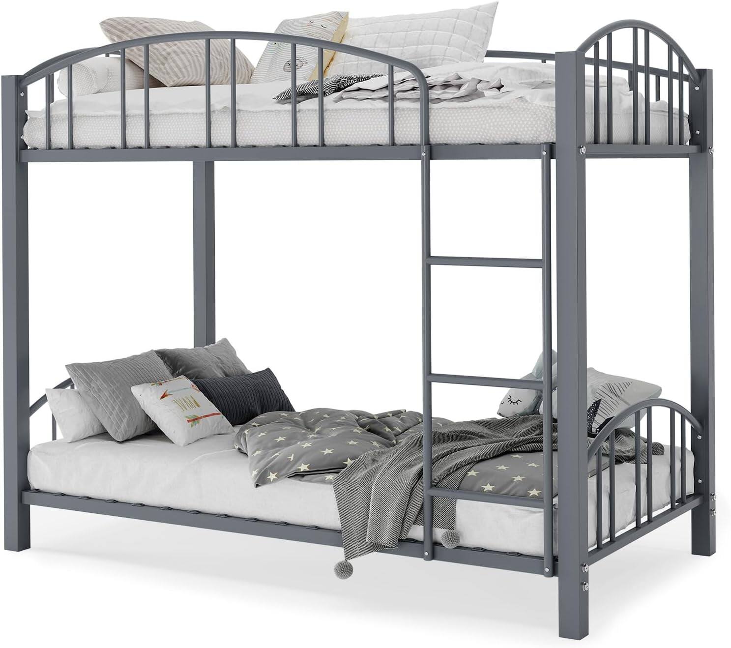 Alt View 2. GARVEE - Metal Bunk Bed Twin Over Twin Gray Heavy Duty Frame Safety Ladder Arched Guardrail - Gray Twin.