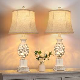 Pawtners - 28" Rustic Bedside Lamps Set of 2, Farmhouse Table Lamps with Night Light & Linen Shades for End Table