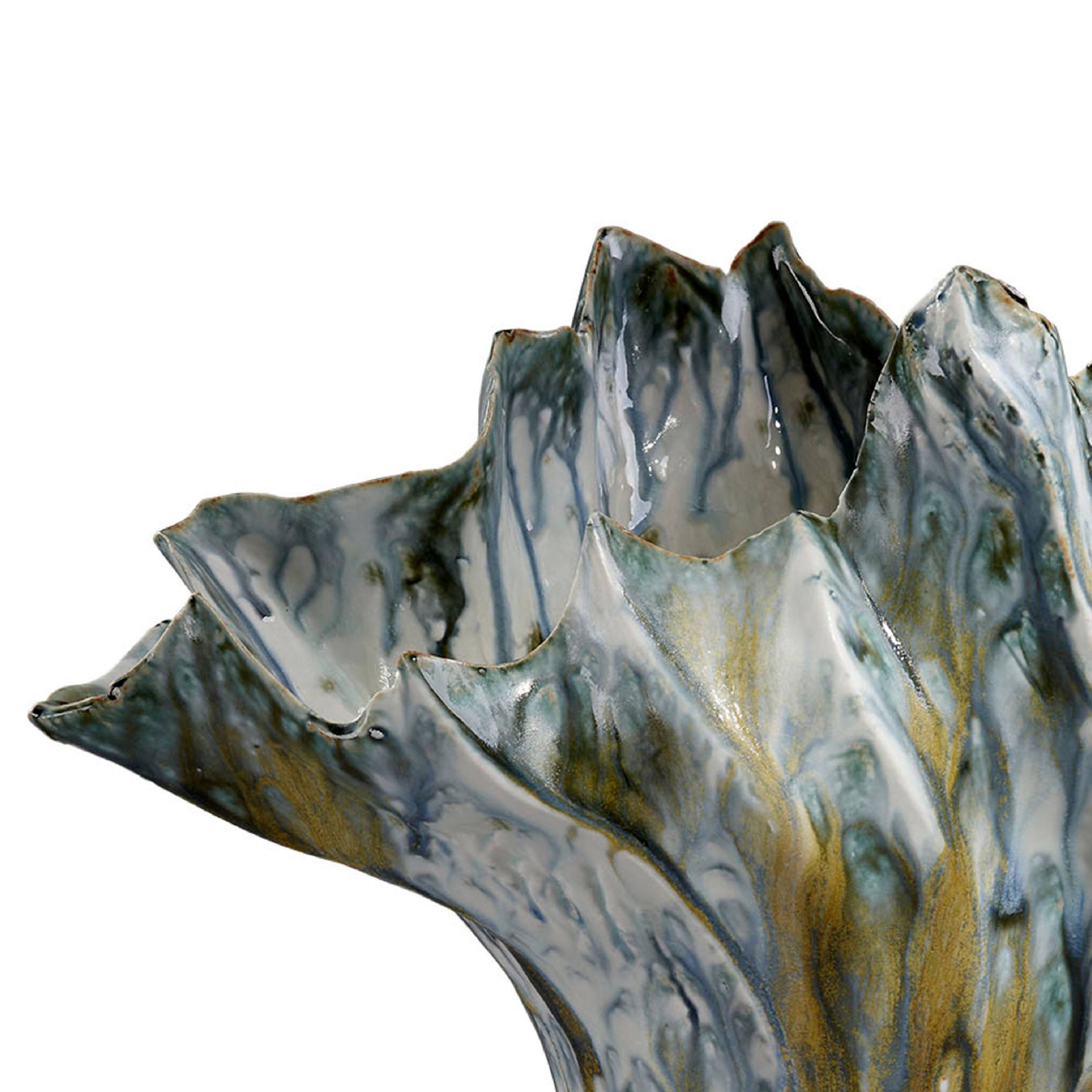 Left. Manhattan Lane - Tery Decorative Vase, 16 Inch Glossy Ocean  Ceramic, Wavy Fishtail - Blue, White.