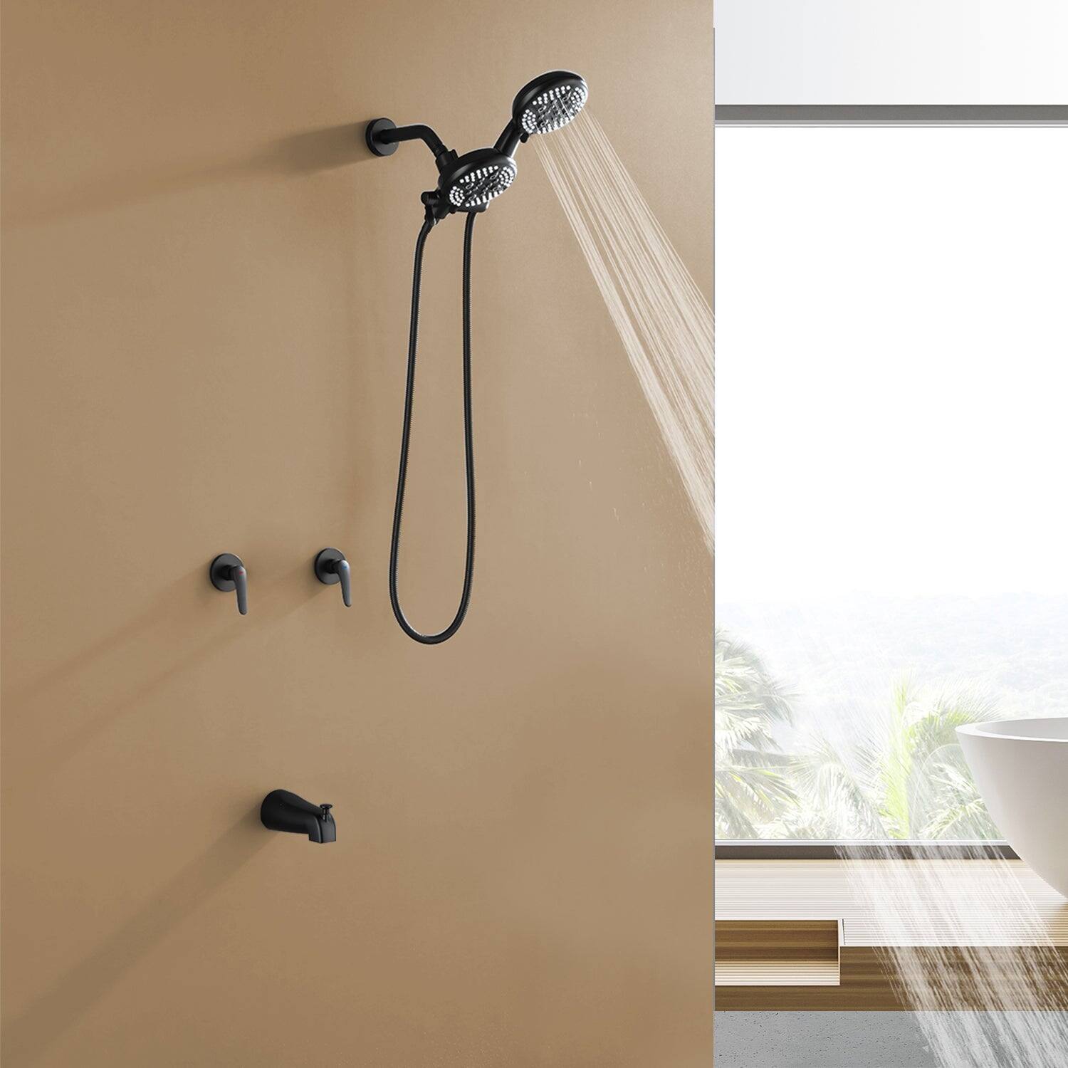 Alt View 4. Boyel Living - Matte Black Shower Set with Dual Handles 5 Function Dual ABS Shower Heads and Tub Spout - Matte Black.