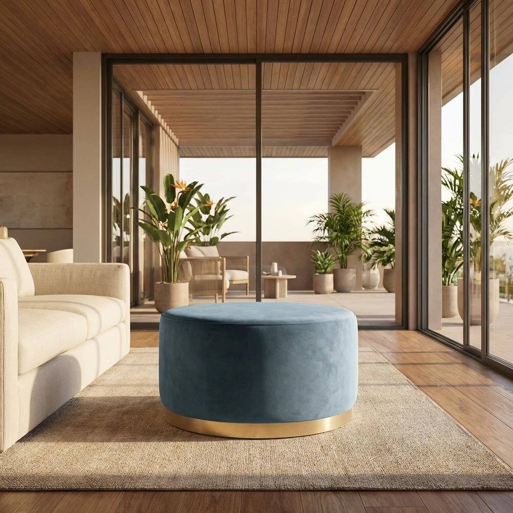 Angle. Outdoor Escape - Velvet Upholstered Ottoman with Performance Finish for Outdoor Use - Blue.