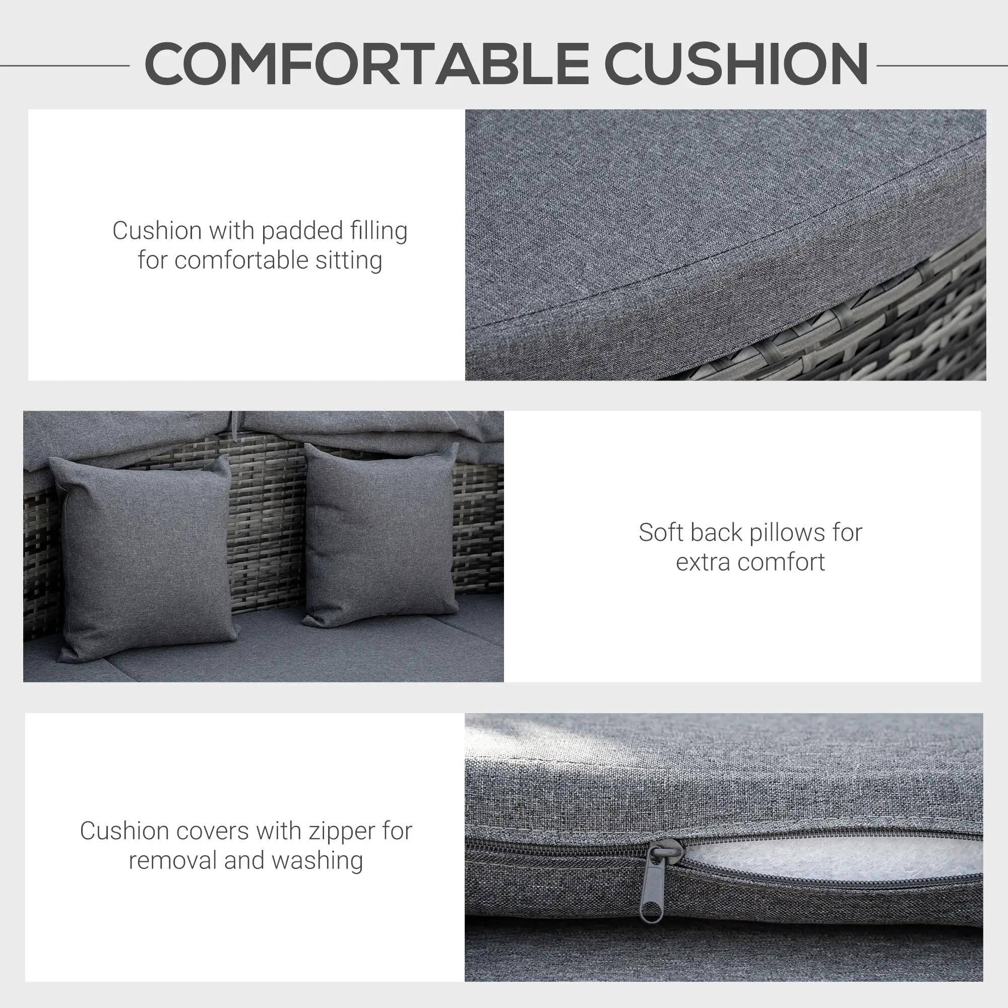 COMFORTABLE CUSHION

Cushion with padded filling for comfortable sitting

Soft back pillows for extra comfort

Cushion covers with zipper for removal and washing