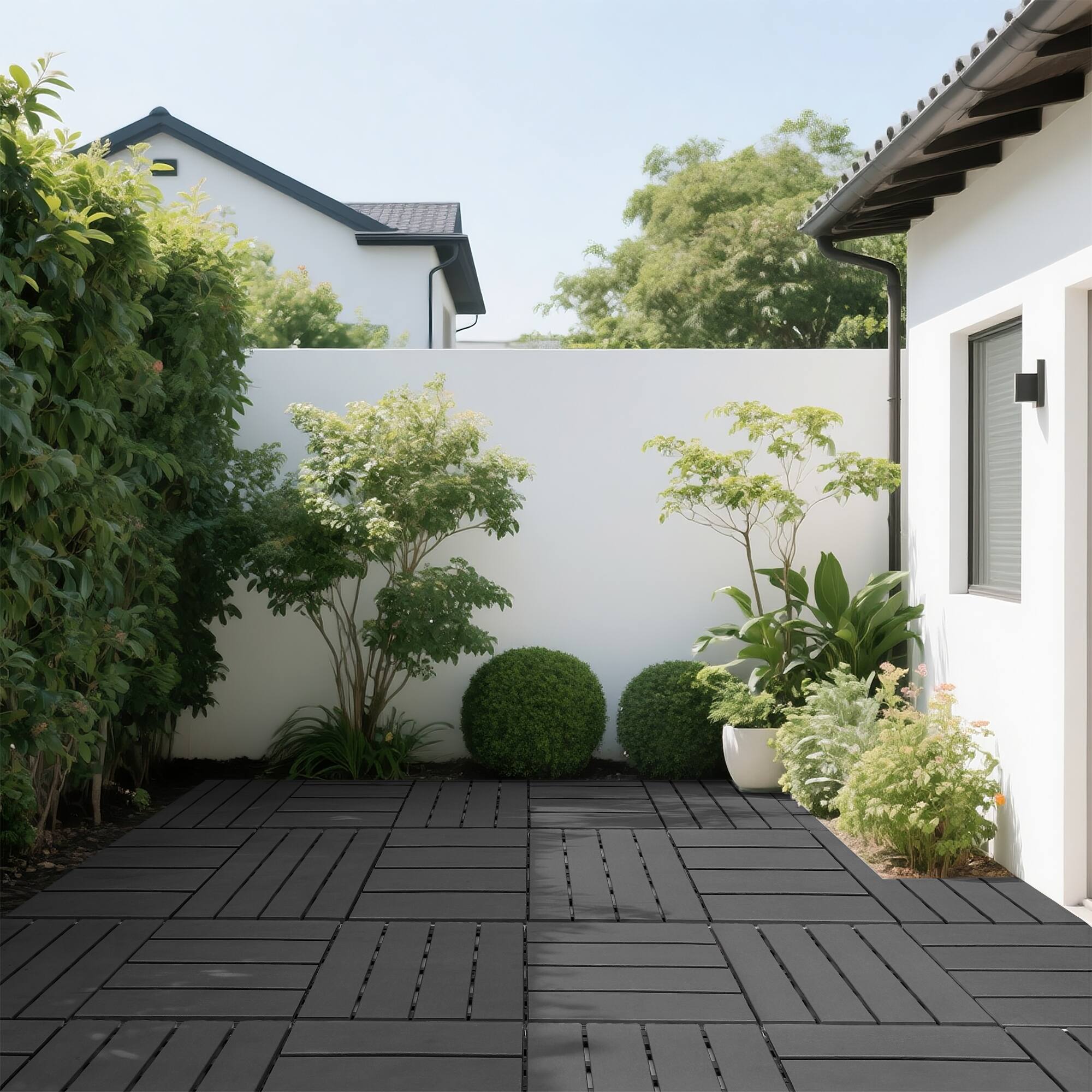 Angle. Mondawe - 44 packs 12 x 12 inches Plastic interlocking decking tiles - Dark Gray.